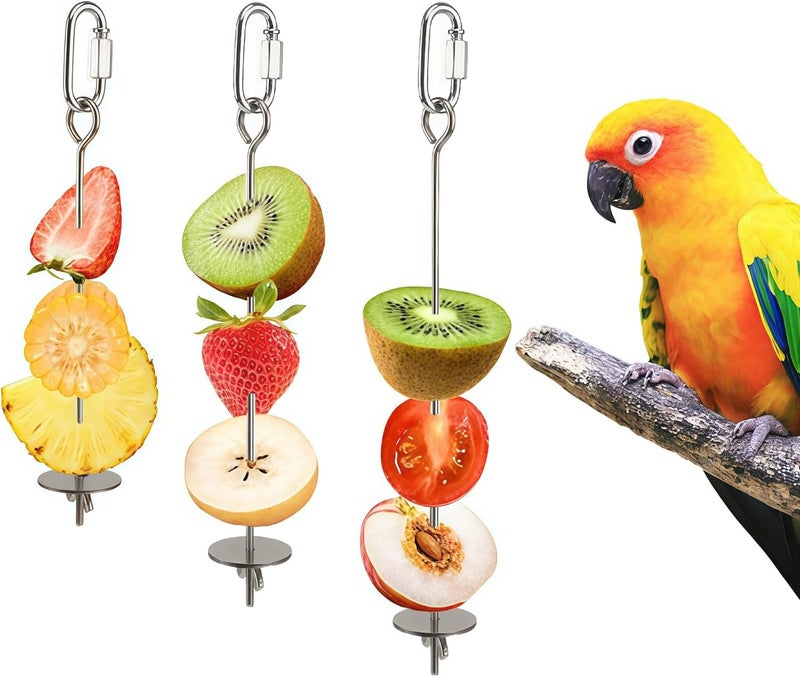 smrtcol 3 Pcs Bird Cage Food Holder Stainless Steel Parrot Fruit & Vegetable Skewer Hanging Foraging Toy for Parakeets, Budgies, Macaws - Image 1